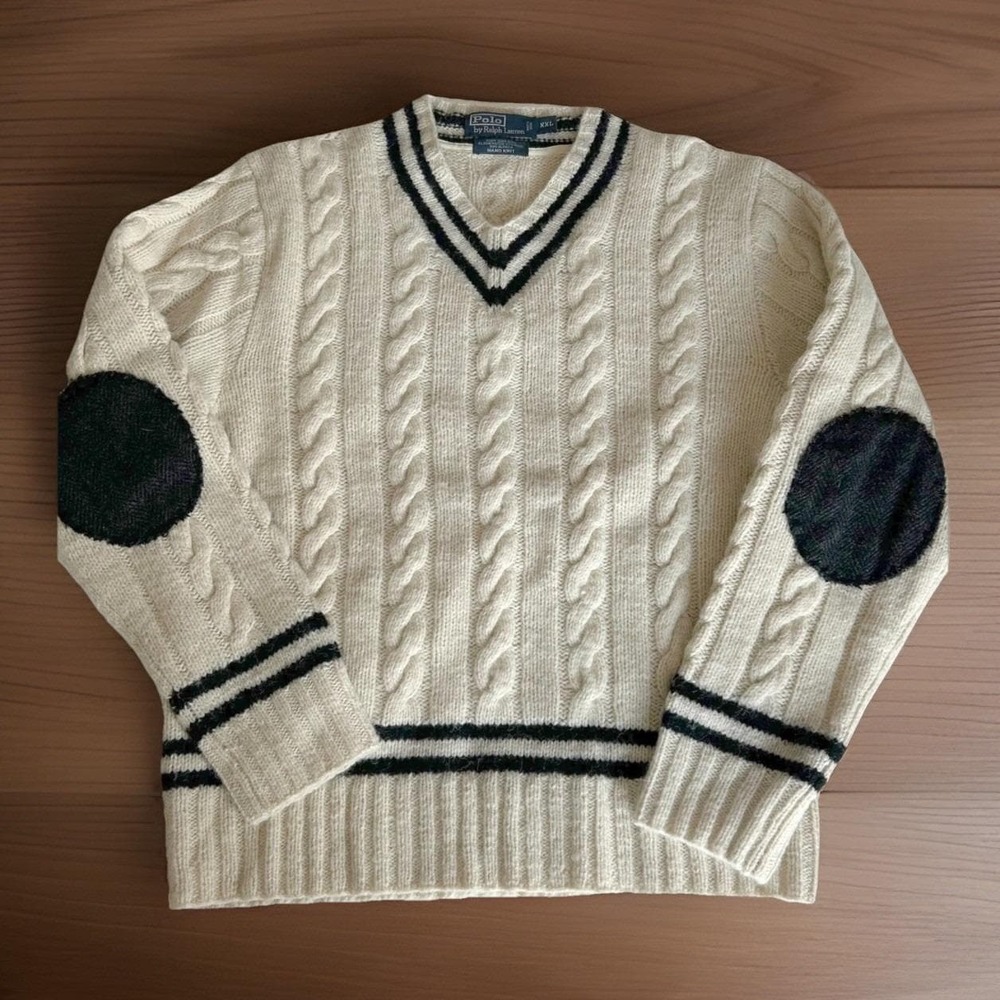 Polo Ralph Lauren Wool V-Neck Sweater Mens XXL Cream Cable Knit Elbow Patch 90s